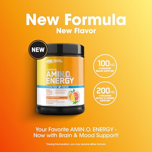Image of Optimum Nutrition Amino Energy Powder Plus Focus, with BCAA, Electrolytes, and Caffeine, Sunkissed Citrus, 65 Servings (Packaging May Vary)