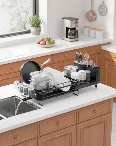 Image of Kitsure Extendable Dish Drying Rack, 19.2 inch-26.7 inch L x 12.9 inch W, Black | Large Dish Rack, Multifunctional Dish Rack for Kitchen Counter, Anti-Rust Dish Drainers with Cutlery & Cup Holders