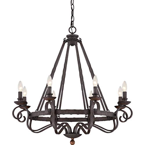 Image of Quoizel Noble 32 inch Candle-Style Chandelier, 8-Light, Rustic Black | Solid Wood Accents, European Style, Adjustable Height Up To 85 inch