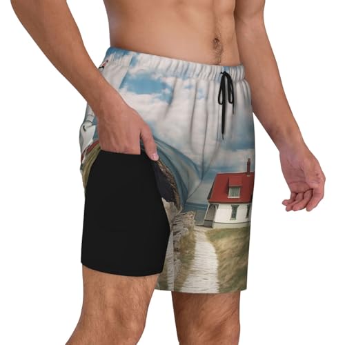 Men's Swim Trunks Quick Dry Board Shorts Lighthouse Backdrop Beach Shorts with Pocket Bathing Suits for Men2