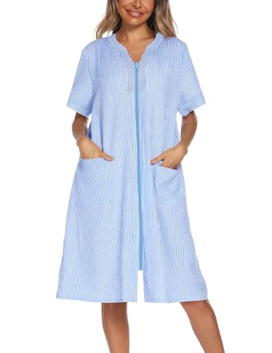 YOZLY House Dresses for Women Zipper Front Housecoat Lightweight Duster Robe with Pockets, Stripe Light Blue, Large