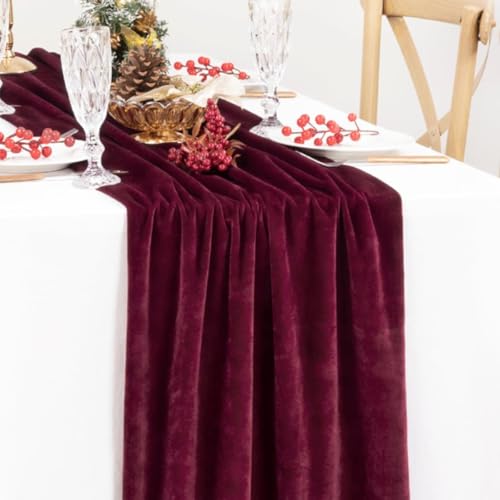 Image of MLMC Velvet Table Runner 10ft Luxury Velvet Fabric Elegant Table Decorations 20x120 Inches for Wedding Anniversary Romantic Dinner Holiday Kitchen and Dining Table Decor, 2 Pack, Burgundy Red