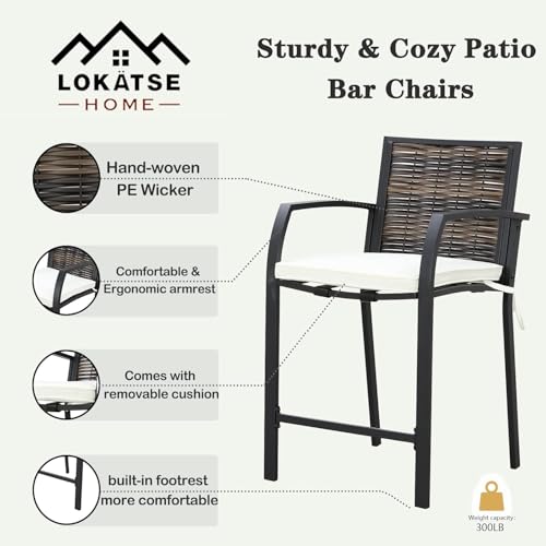 Image of LOKATSE HOME Bar Stools Counter Height Chair Set of 4 Wicker Decoracted Patio Furniture with Armrest for Garden Pool Lawn Backyard