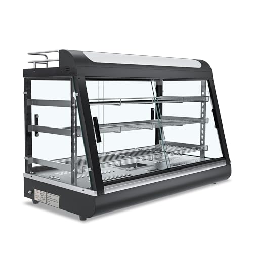 35inch 3-Tier Commercial Food Warmer with Top Rack for Milk Juice, Countertop Heat Holding Cabinet Display Case for Pizza/Pretzel, Three Color Lighting, w/Thermometer for Cafeteria Kitchen Restaurant