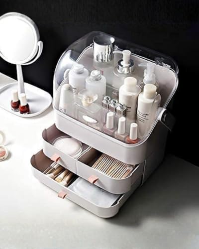 Image of LINFIDITE Cosmetic Storage Box with Lid Makeup Organizer Box with Dust Free Cover Portable Handle,Large Makeup Display Case with Drawers Fully Open Lid,Great for Dresser Bathroom Countertop