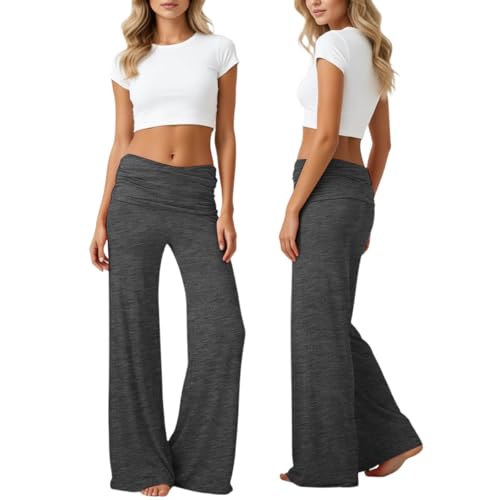 Teal Pants Coral Fold Over Yoga Pants Pantalones Yoga Mujer Fluido Pierna Ancho Fluido Pantalones Corales Pants Control del Vientre para Pilates, Entrenamiento, Danza, Casual, Fitness, Deporte, gris