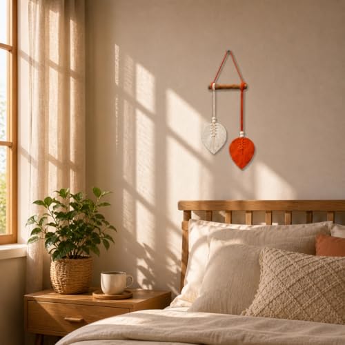 Image of AdFashionble Boho Macrame Wall Hanging Leaf Decor for Home, Living Room & Bedroom | Cotton Thread Art with Wooden Rod | Minimalist Handmade Wall Decoration | Aesthetic Nordic Wall Art for Home, Office & Gift Purpose Lenght- 58 cm Width- 15 cm (ORANGE & OFFWHITE)