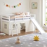 Spirich Kids Loft Bed with Slide and Ladder, Solid Wood Twin Loft Bed Frames with Curtains, Low Loft Bed with Bed Tent, No Box Spring Needed, White