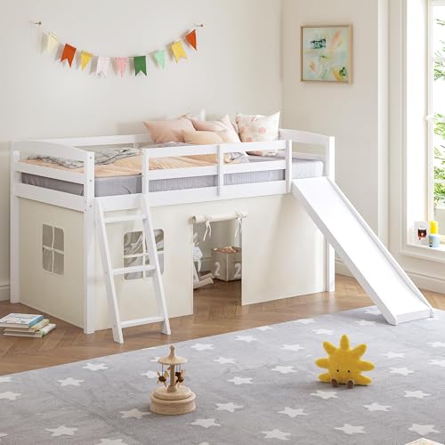 Spirich Kids Loft Bed with Slide and Ladder, Solid Wood Twin Loft Bed Frames with Curtains, Low Loft...