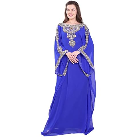 Women Farasha Embroidered Kaftan Long Dress Faux Georgette Ethnic, Bridal, Evening, Party, Dress with Free Scarf | Size- Free Royal Blue Cover