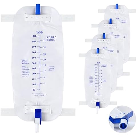 Geiserailie 5 Pack 1000ml Leg Bag Urinary Drainage Bag with Cloth Straps, 33.8oz Large Capacity Urine Leg Bag with Anti Reflux Valve, Easy Flip Drain, Urinary Leg Bag for Men, Women Cover