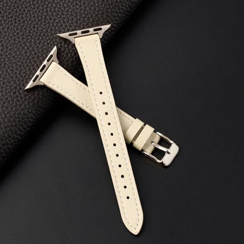 Image of STIROLL Slim Leather Bands Compatible with Apple Watch Band 38mm 40mm 41mm 42mm(Series 11 10), Top Grain Leather Watch Thin Wristband for iWatch SE 9 8 7 6 5 4 3 2 1 (Beige Starlight)