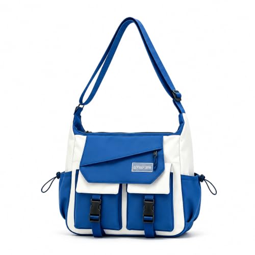 CHENXIAOHONG Bolsa Transversal Masculina Feminina em Oxford Resistente, Bolsa Messenger Multicompartimentos para Estudante, Trabalho e Passeio(Azul e branco)