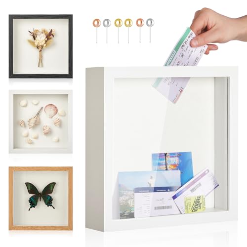 MUXIUNT Travel Adventure Challenge Archive Shadow Box Picture Frame with Slot 8x8In Travel Ticket Card Memory Box for Keepsake Box Top Loading Shadow Box Display Case Travel Decor Gift (White 8x8)
