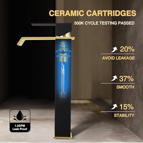Bathroom Vessel Sink Faucet Black and Gold, Single Hole Tall Bathroom Faucet, Modern SUS304 Stainless Made, Pop-up Drain & Supply Hose Included, Home Décor Improvement thumbnail 3