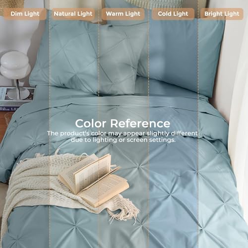 Image of Sasttie Twin Comforter Set, 5-Piece Bed in a Bag, Pintuck Bedding Sets for All Season, Includes Comforter, Flat Sheet, Fitted Sheet, Pillowcase and Pillowsham, Greylish Blue