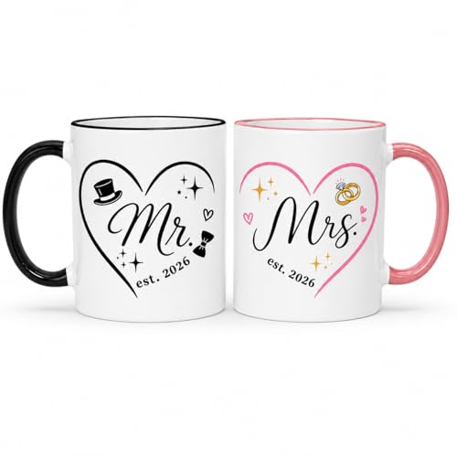 Image of Mr and Mrs Gifts Mug Set, 2026 Est. Wedding Gift for Couples, Ceramic Coffee Cup Pair, His and Hers Gifts Black & Pink Engagement Anniversary Present