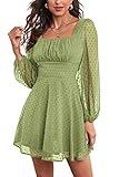 LYANER Women's Polka Dots Square Neck A line Long Sleeve Swiss Dots Mini Dress Grass Green X-Small