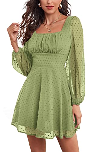 LYANER Women's Polka Dots Square Neck A line Long Sleeve Swiss Dots Mini Dress Grass Green X-Small