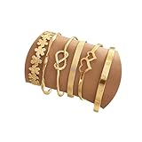 IFKM Gold Bangle Bracelets For Women, 14k Gold Plated Multi Layer Stackable Cuff Bracelet Set, Trendy Elegance Charms Non Tarnish Minimalist Textured Boho Jewelry Gift for Women (6pcs LOVE Flower)