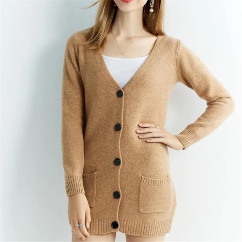Women Merino Wool Cardigan Sweaters Long Sleeve V-Neck Single Breasted Knitwear Cardigan Coat with Pocket2