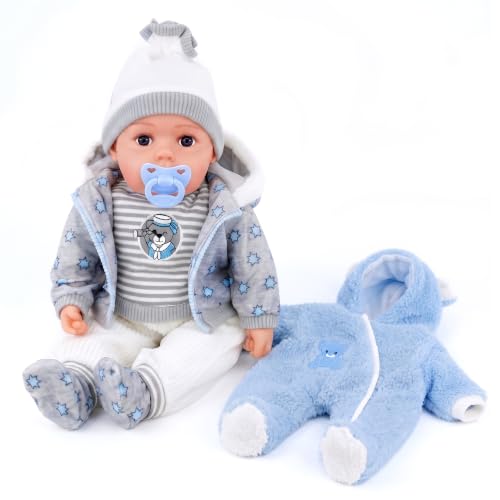 BiBi Doll 20 Baby Boy Doll - Large Lifelike Size Soft Body with Dummy & Sounds in Grey Jacket & Extra Jumpsuit Outfit Toy for Boys & Girls Aged 18 Months+