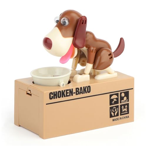 Justup - Tirelire en forme de chien affamé - Mastication des pièces de monnaie - Cadeau d'anniversaire pour enfants - Marron