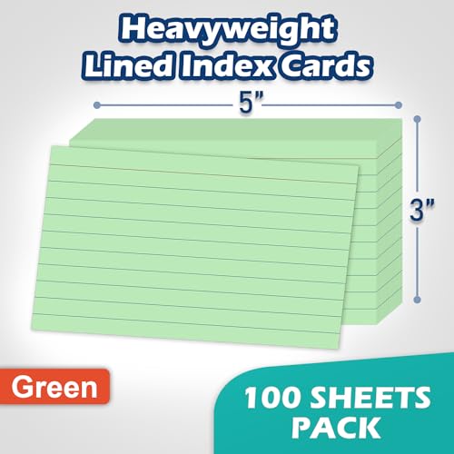 Green Lined Index Cards 3x5 Ruled Note Cards 100 Count, 180 gsm Heavy Weight