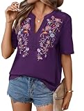 Mexican Shirts for Women Embroidered Tops Traditional Summer Blouse Floral Tunic V Neck Short Sleeve T Shirt Purple