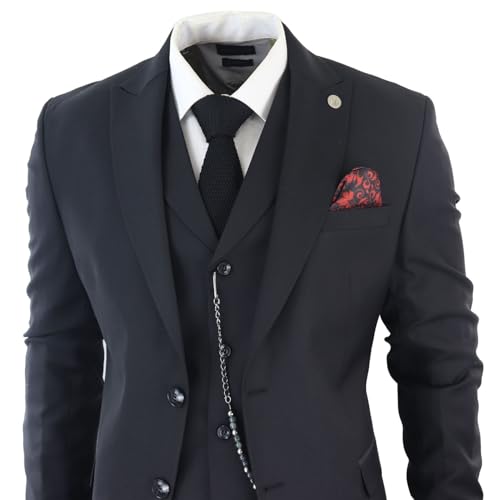 Mens Classic 3 Piece Suit Black Pocket Chain Wedding Tailored Fit Vintage Formal3