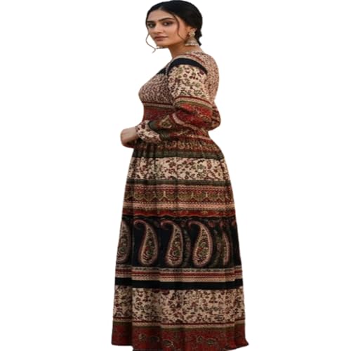 Image of Women's Cotton Dress Jaipuri Sanganeri Print Midi Long Dress Printed Fit and Flare Maxi Dress A-Line Gown Dress Maxi Skirt, Mandala (Free Size)