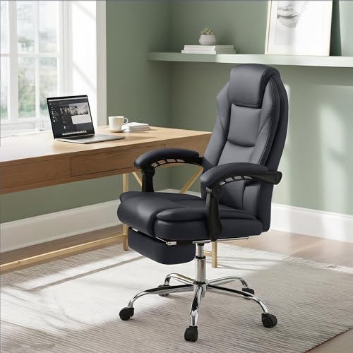 Sedia da ufficio ergonomica Castle con poggiapiedi integrato, poltrona da scrivania imbottita in ecopelle, girevole e regolabile, Colore:nero - Sedia gaming - Immagine 1