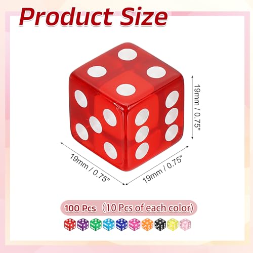 uxcell 100Pcs Acrylic Dice, 19mm/0.75" Translucent D6 Dice, 6 Sided Square Rounded Edge for Board Table Games Birthday Theme Party Supply, 10 Colors - Image 2