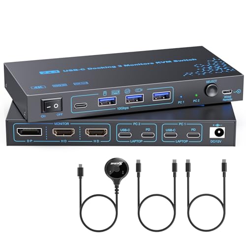 Image of USB C KVM Switch 3 Monitors 2 Laptops 4K@60Hz, Laptop KVM Switcher with PD Charging Function for 2 Computer Share 3 Display-2 HDMI + 1 DP, No Driver Required