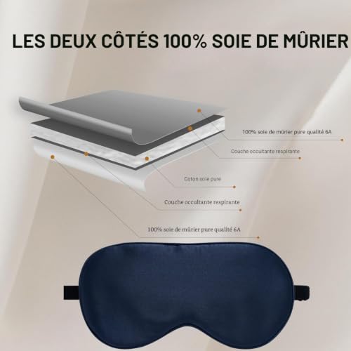 LaCourse Masque de sommeil en soie bio 100% pour homme et femme, Bleu, avec sac de voyage, bande réglable, bloque la lumière, garantie 100 jours – vue 3