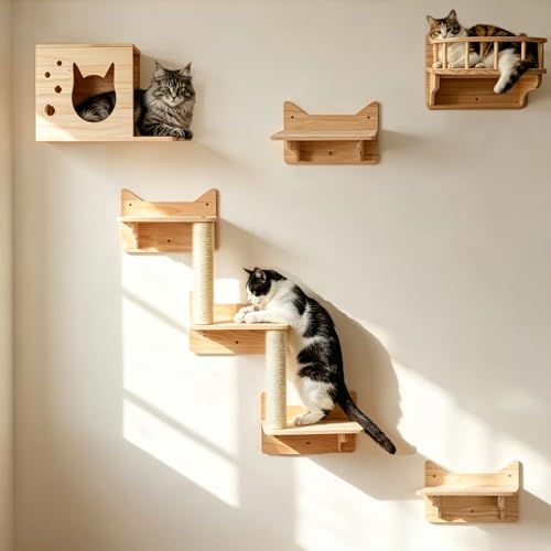 MIUZMORE Estanterías para Gatos Montadas en la Pared - Set de 9 Piezas con Casa, Torre, Rascadores de Sisal, Escalera de Niveles, Madera de Pino Ancha para Gatos Grandes, Ahorro de Espacio Interior