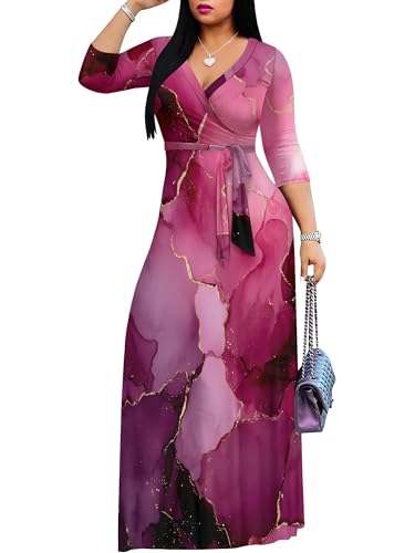 Image of Plus Size Dresses for Women Print Maxi Dresses 3 /4 Sleeve with Belt
