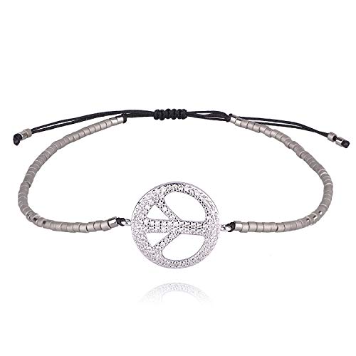 KELITCH Womens Peace Icon Friendship Bracelets Handmade Miyuki Beads Strand Bracelets New Beach Sand Bracelet Bangle (Silver)