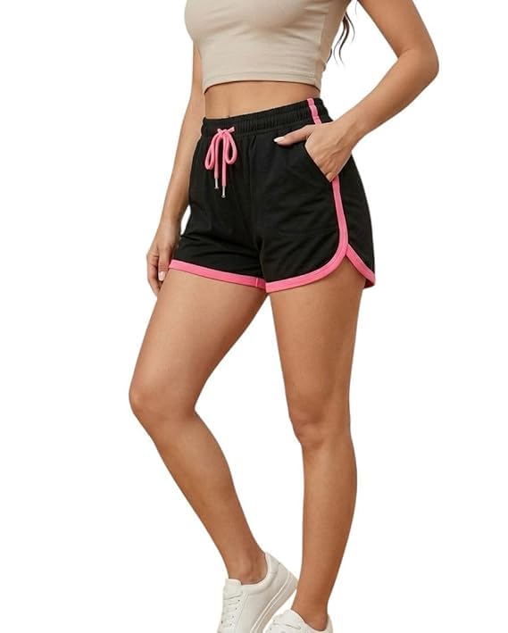 Women's High Rise Yoga Shorts | Polyester Stretch Gym Shorts | Moisture-Wicking Athletic Workout Shorts for Running, Fitness, Cycling & Training | Pull-On Black & Pink-picture-31
