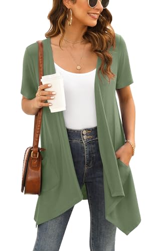 Image of Veryoung Floral Short Sleeve Cardigans for Women Casual Drape Open Front Lightweight Summer Cardigan with Pocket High Low Hem