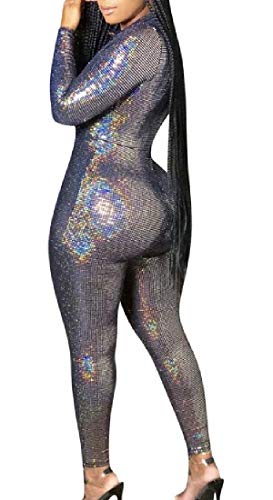 KLJR Macacão feminino casual justo com lantejoulas e decote V profundo, 1, Large