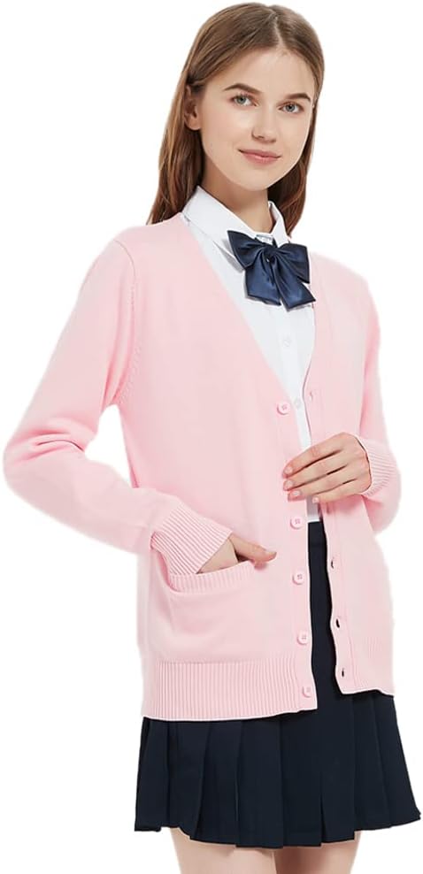 Blostirno Women's Cardigan School Uniform Sweater Cardigans V-Neck Long Sleeve Button Down Knit with Pockets - Image 2