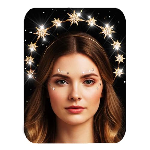 Runmi Strass Halo Couronne Bandeau Couches Or Étoile Couronne Bandeaux Déesse Halo Couronne Costume Boho Mariée Mariage Fête Casque pour Femmes et Filles