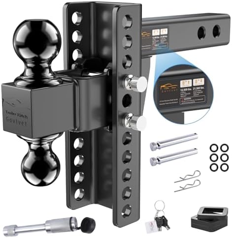 Govlvet Adjustable Trailer Hitch -Drop Hitch (Fits 2-Inch Receiver) - Heavy Duty Tow Hitch with 8-Inch Drop/Rise, 2" & 2-5/16" Ball Hitches for Truck (21,500 LBS GTW) - w/Anti-Theft Hitch Locking Pins