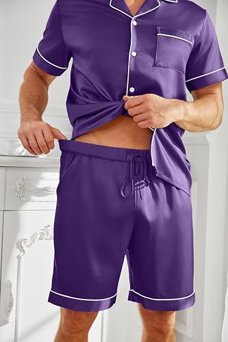 Vssjavun Mens Satin Silk Pajamas Sets Short Sleeve Button-Down Sleepwear Two Piece Loungewear with Pockets