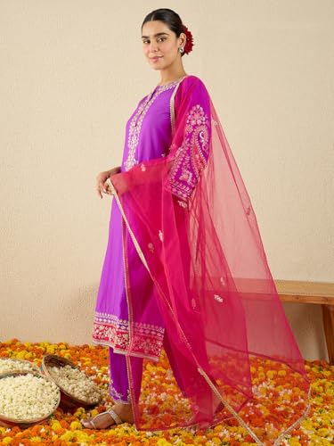 Image of INDO ERA Women's Silk Blend Embroidered Straight Kurta Pant with Dupatta