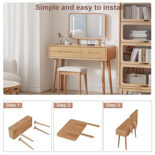 Image of Soild Wood Vanity Table 40 IN with Light Mirror High Adjustable, Make Up Desk Large Dressing Table 3 Lighting Modes, Makeup Vanity 3 Drawer Dresser Vanity Table Wooden for Checkroom Apartment Bedroom