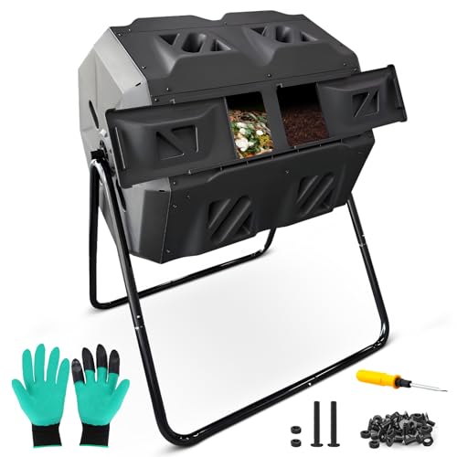 BIOGRN Compost Bin, 43 Gallon Dual Chamber Composter Tumbler Outdoor with 2 Sliding Door and Aeration System, BPA-Free Large Rotating Composting Bin for Garden, Kitchen, and Yard Waste, Black