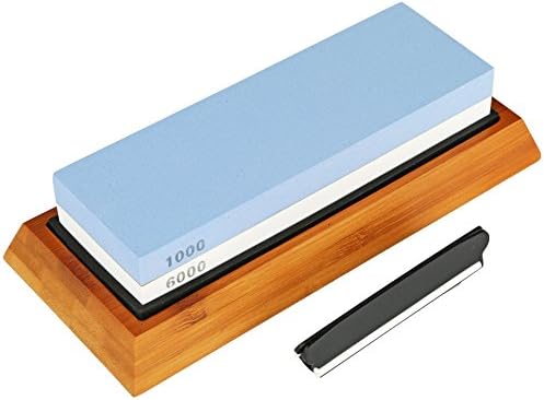 Whetstone Knife Sharpening Stone - 2 Sided 1000/6000 Grit Waterstone Knife Sharpener, Includes Non Slip Rubber and Bamboo Base with Bonus Angle Guide by Kruger Home