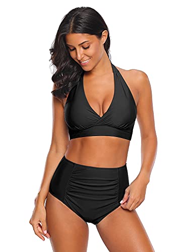 luvamia Women s Black Halter Self Tie Ruched High Waist Two Piece Bikini Set Swimsuits Bathing Suit Swimwear Size L